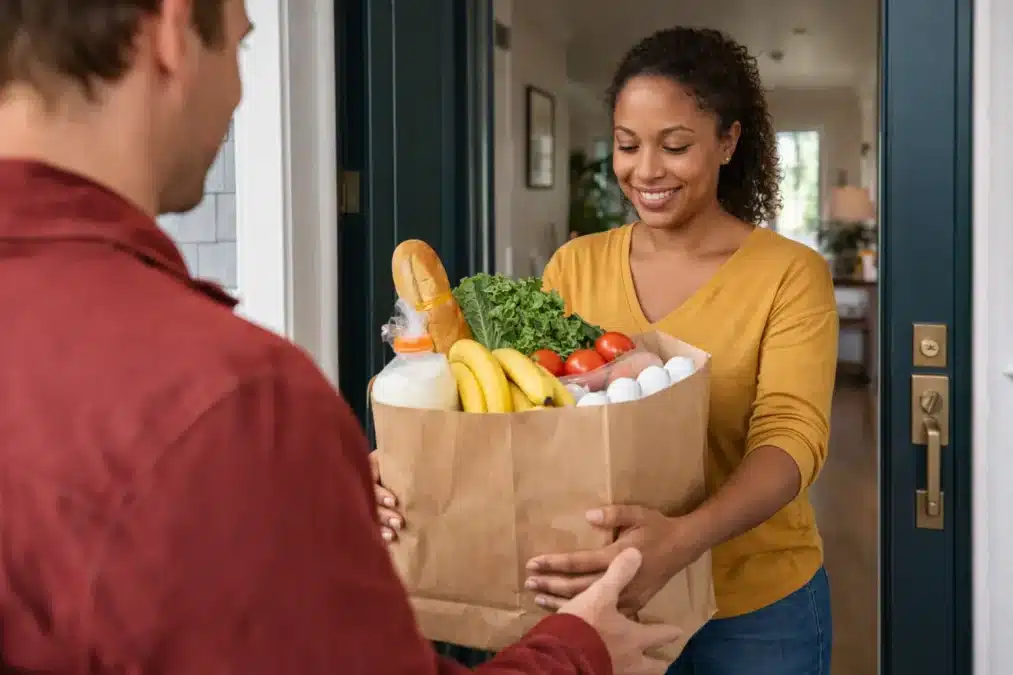 Woman receives a grocery delivery at her front door, smiling as she takes a bag filled with fresh produce, bread, eggs, and milk from a courier.