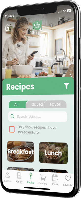A Better Meal app Recipe Selection screen