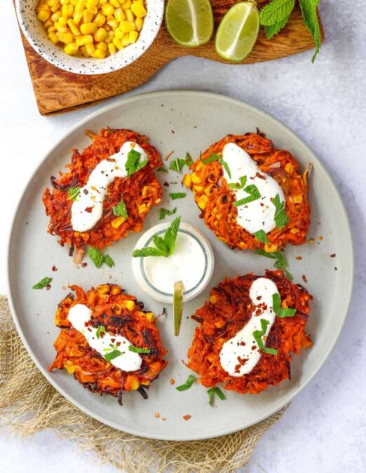 Easy way to get more veggies: carrot and corn fritters with mint yogurt dip
