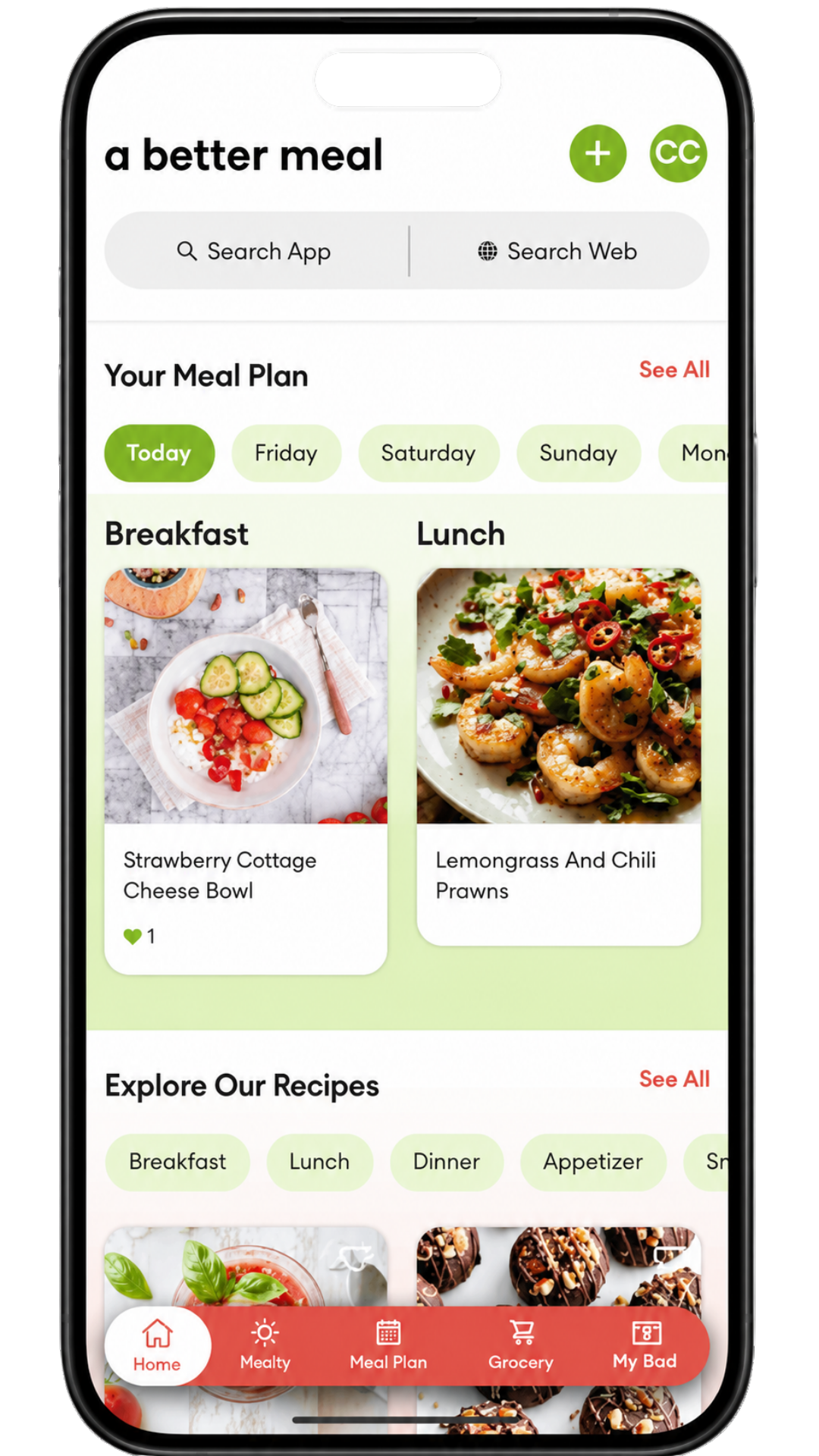 App screenshot showing a weekly meal plan and grocery list